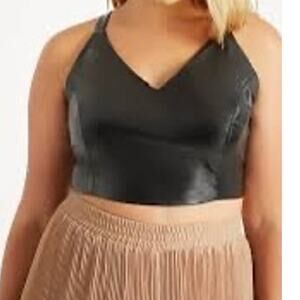ELOQUII Plus Size 22/24 Faux Leather Black Cropped Tank Top V-Neck Sleeveless